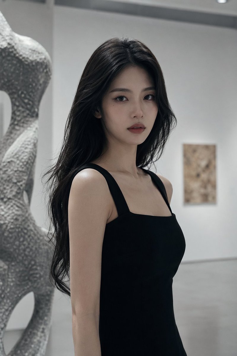 Cold Elegance: Asian Model at Art Gallery — Sora 2 Prompt