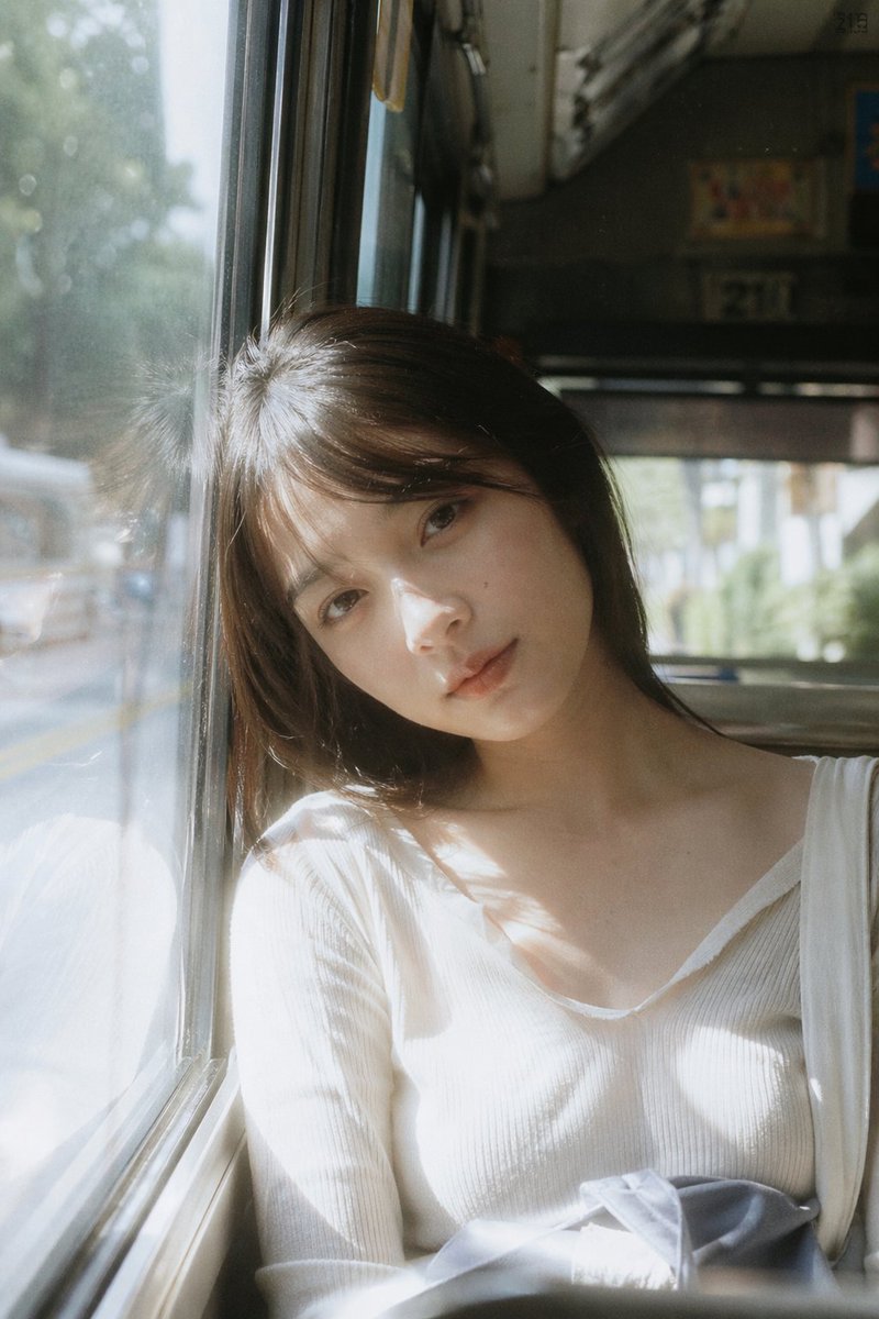 Soft Daylight Bus Portrait — Japanese Film Prompt