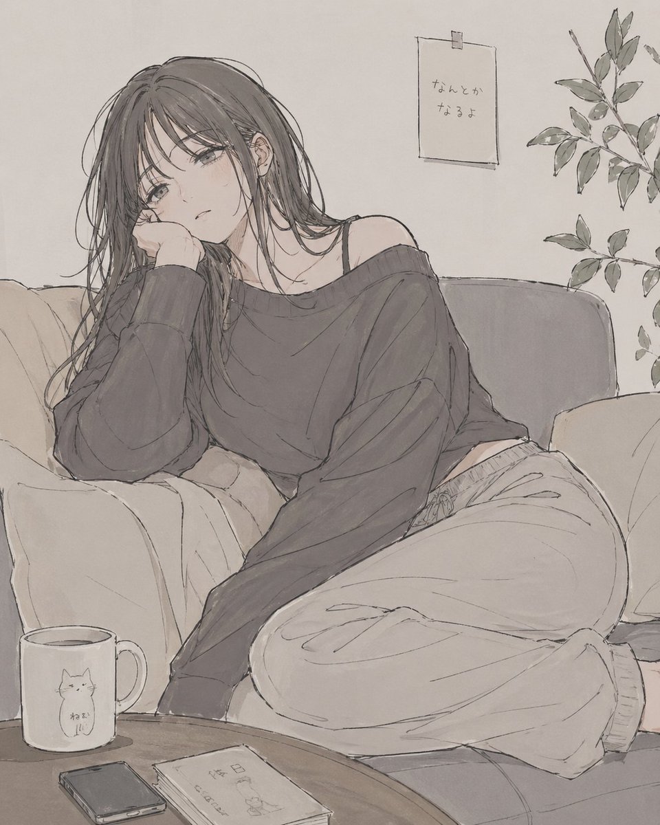 Watercolor Anime Interior with Woman on Sofa — Sora 2 Prompt
