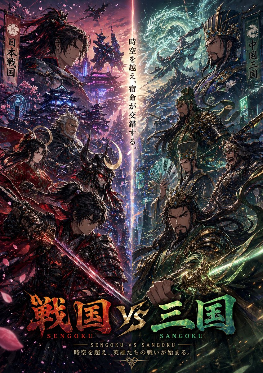 Sengoku vs Sanguo Cyberpunk Anime Poster Prompt