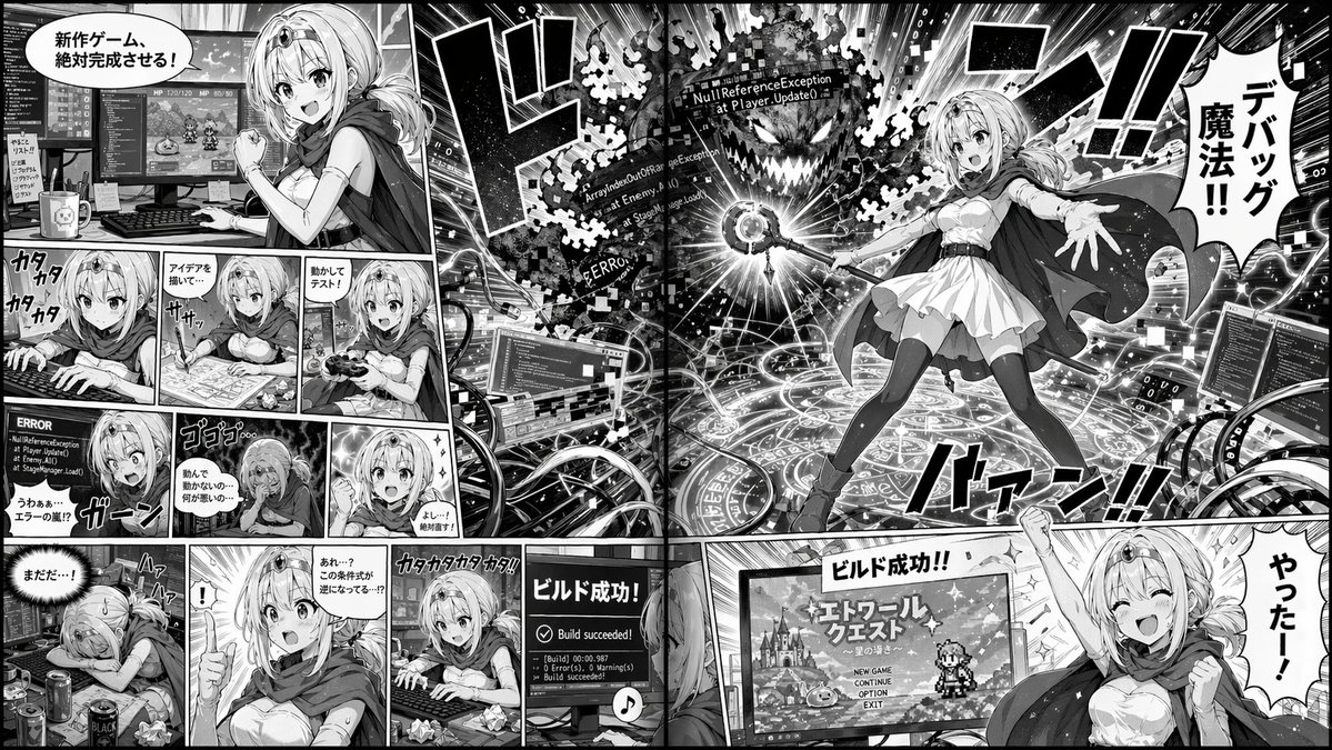 2-Page Manga Spread: Game Dev vs Bug Monster