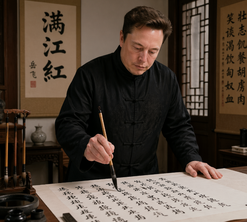 Photorealistic Elon Musk Calligraphy — Sora 2 Prompt