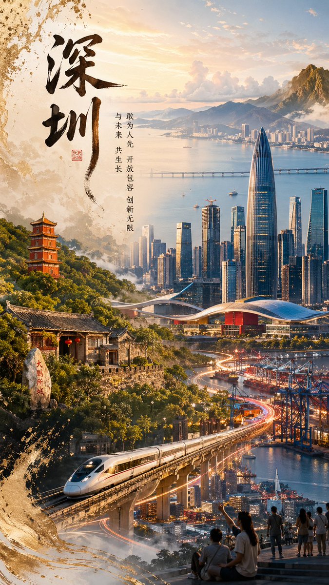 Shenzhen Golden Hour City Prompt: Futuristic Heritage Poster