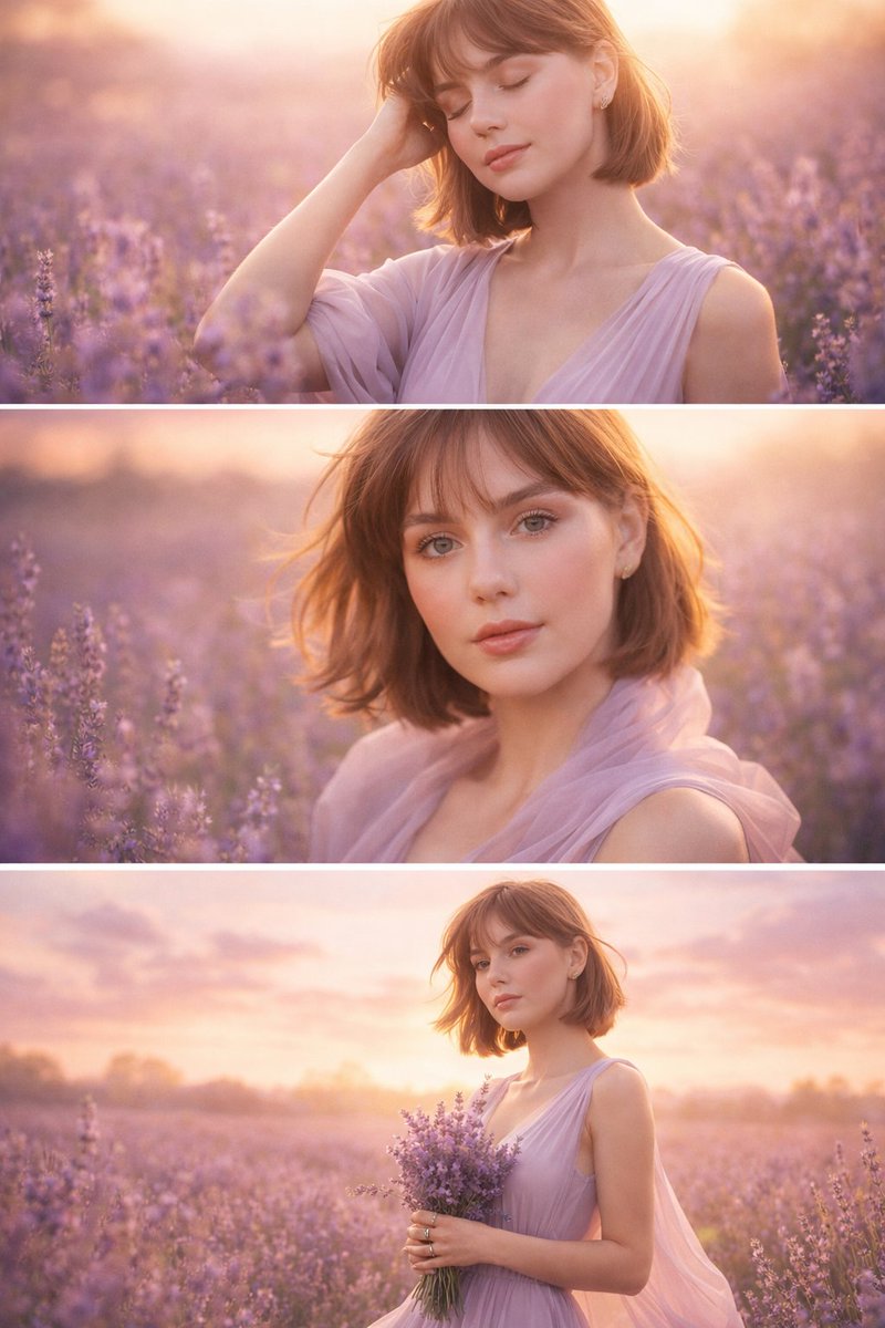 Dreamy Sunrise Lavender Field Triptych — Sora 2 Prompt