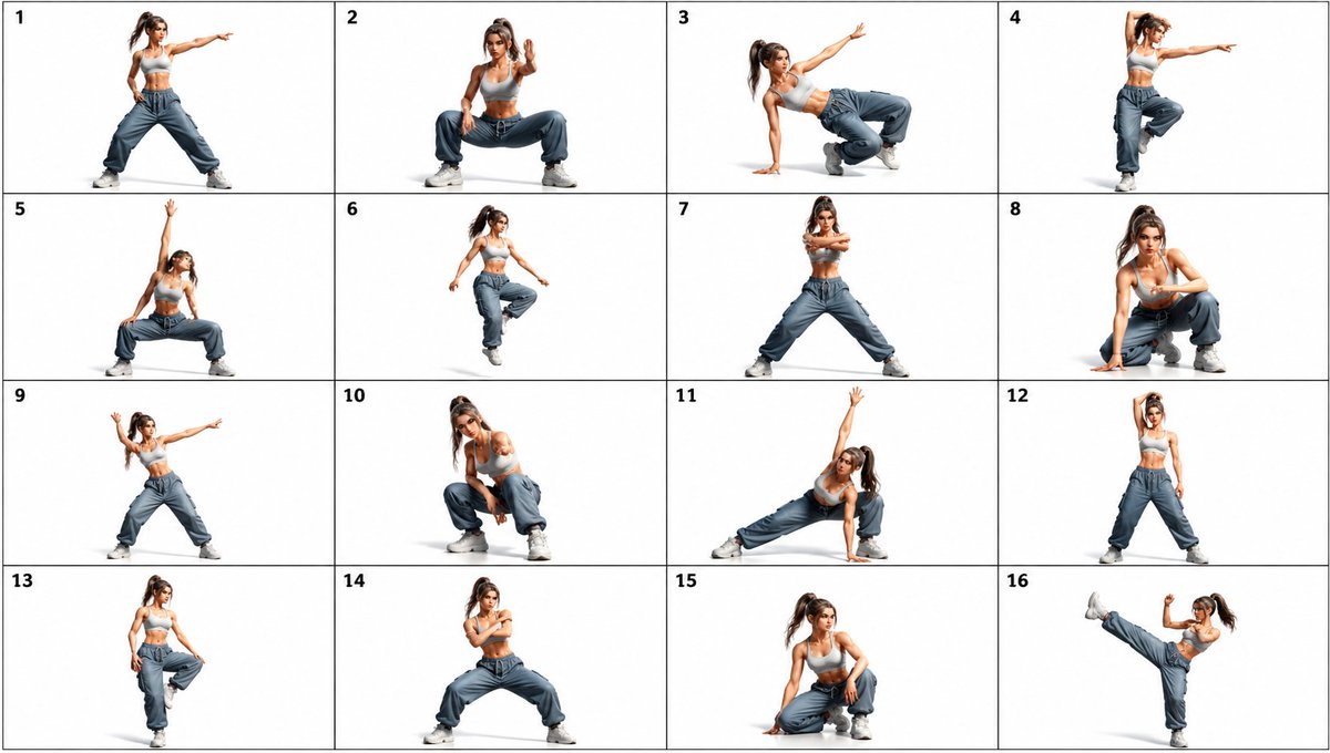 16-Grid Dance Pose Reference Sheet — Sora 2 Prompt