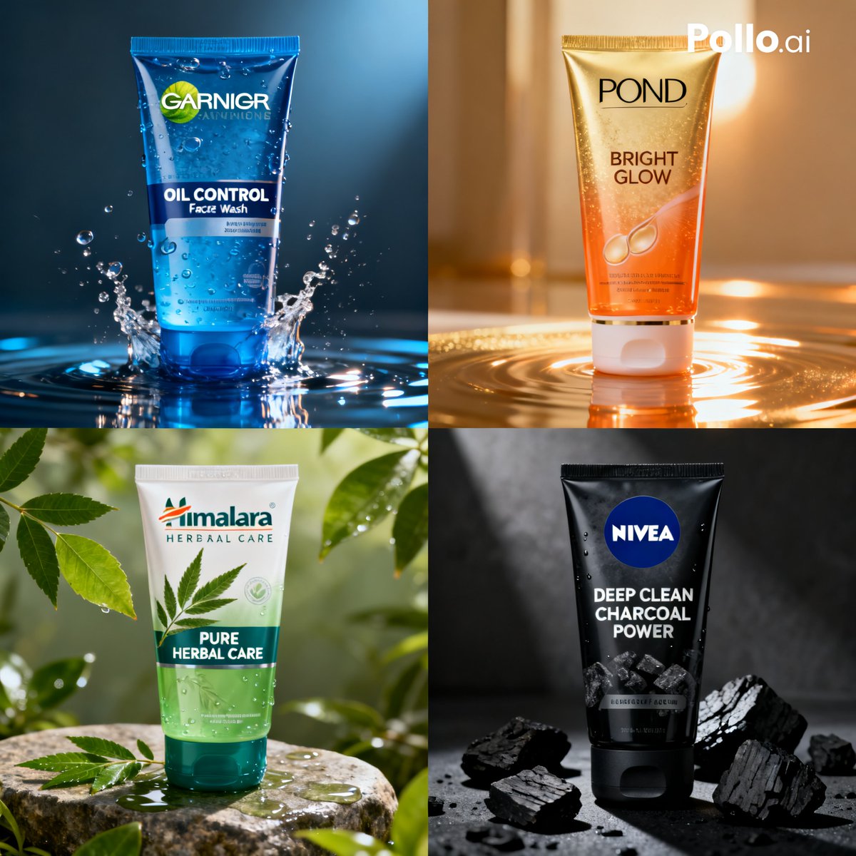 4-Grid Face Wash Ad Prompt — Hyper-Realistic Skincare Photography