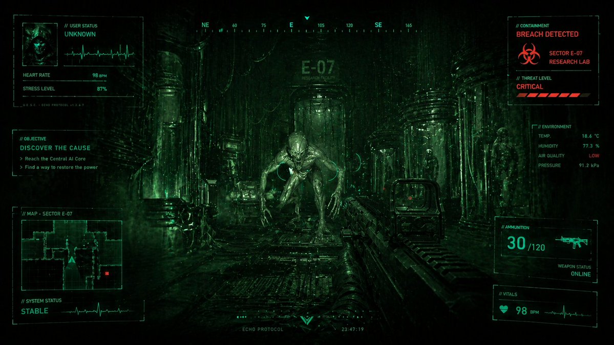 Sci-Fi Horror FPS HUD — Alien Lab Invasion Prompt