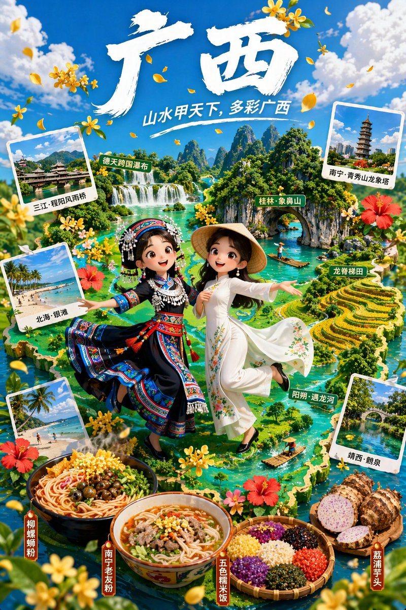 3D Animated Guangxi Tourism Poster — Sora 2 Prompt
