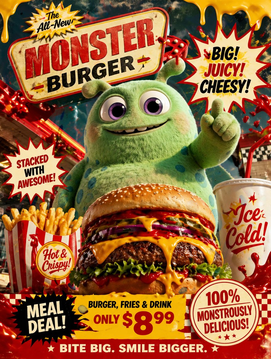 Character Retro Fast Food Poster Ad — Sora 2 Prompt
