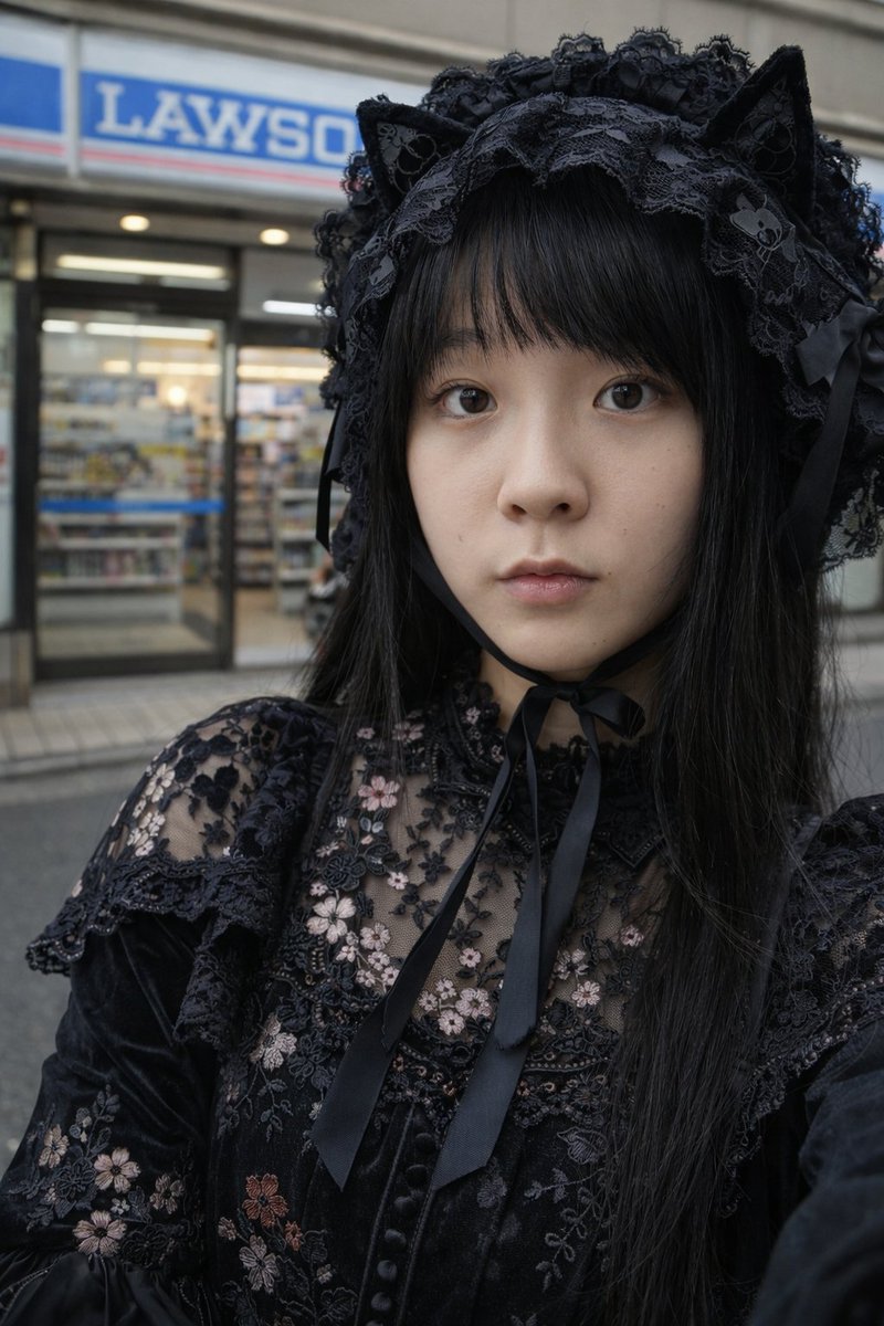 Japanese Gothic Lolita Convenience Portrait — Sora 2 Prompt