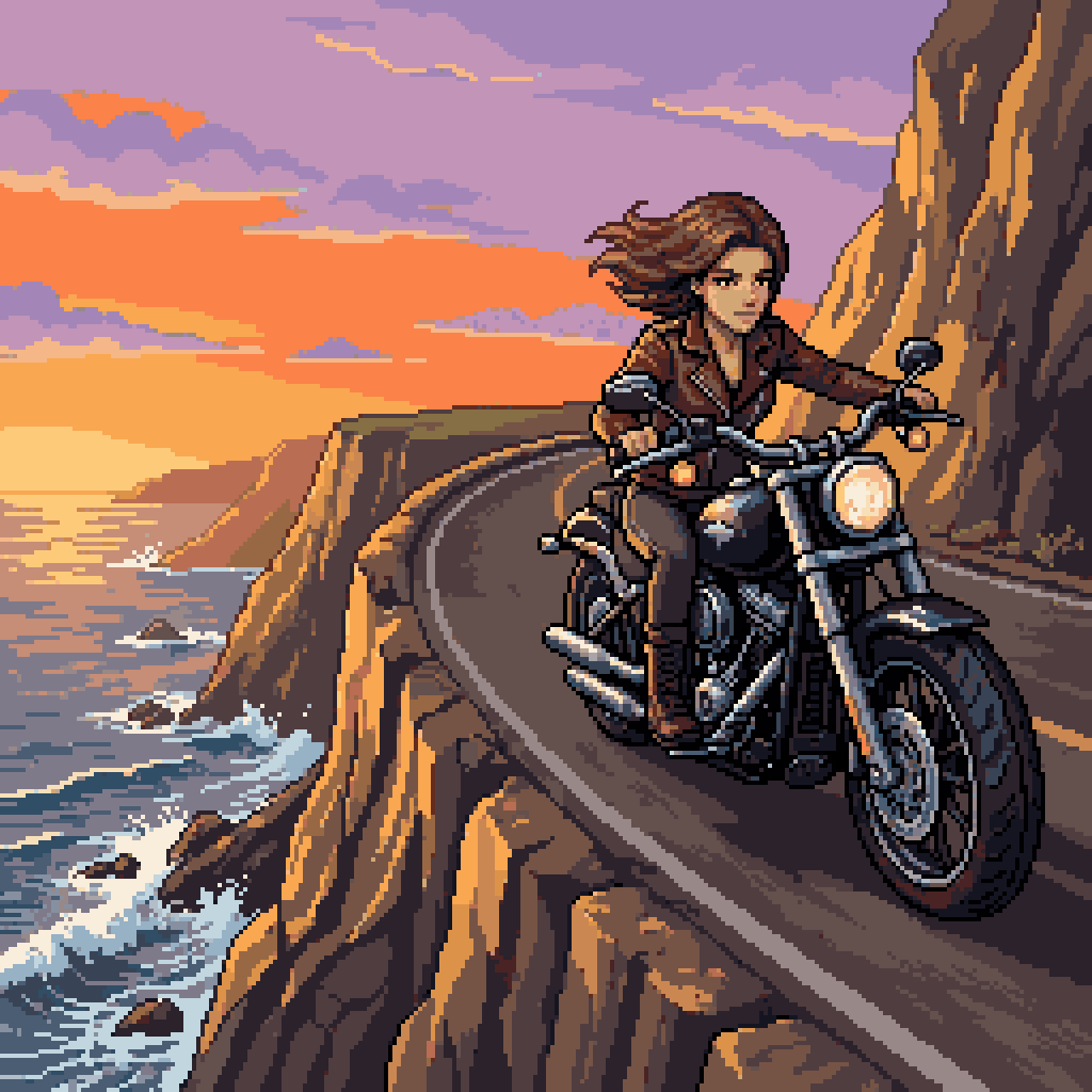 Pixel Art Motorcycle Cliff Sunset — Sora 2 Prompt