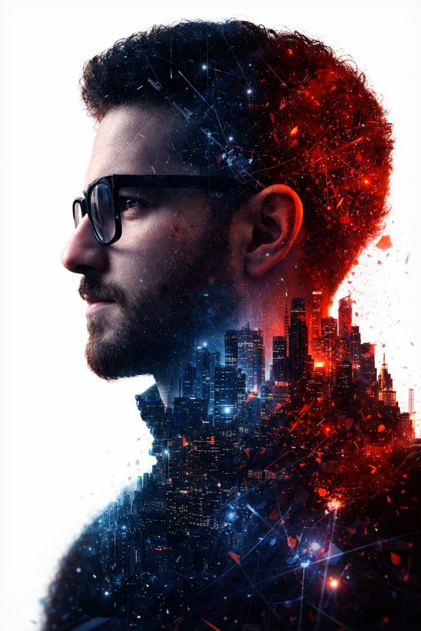 Double Exposure Portrait: Man & Futuristic City — Sora 2 Prompt