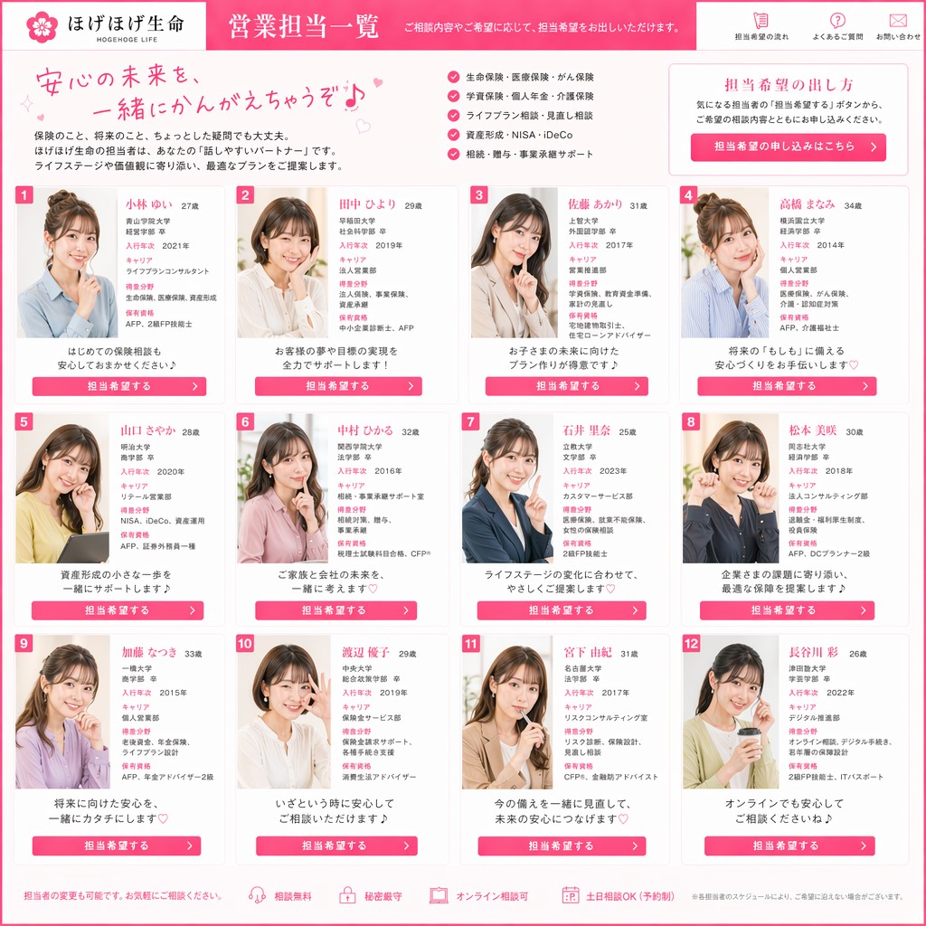 12-Card Insurance Consultant Grid — Pink Japanese UI Prompt