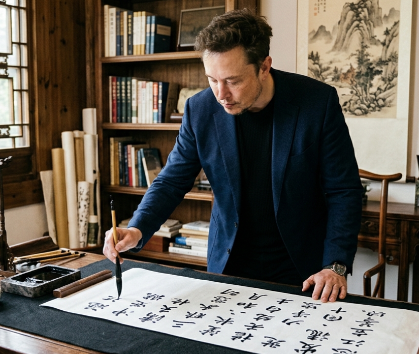 Elon Musk Writes Chinese Calligraphy — Sora 2 Prompt
