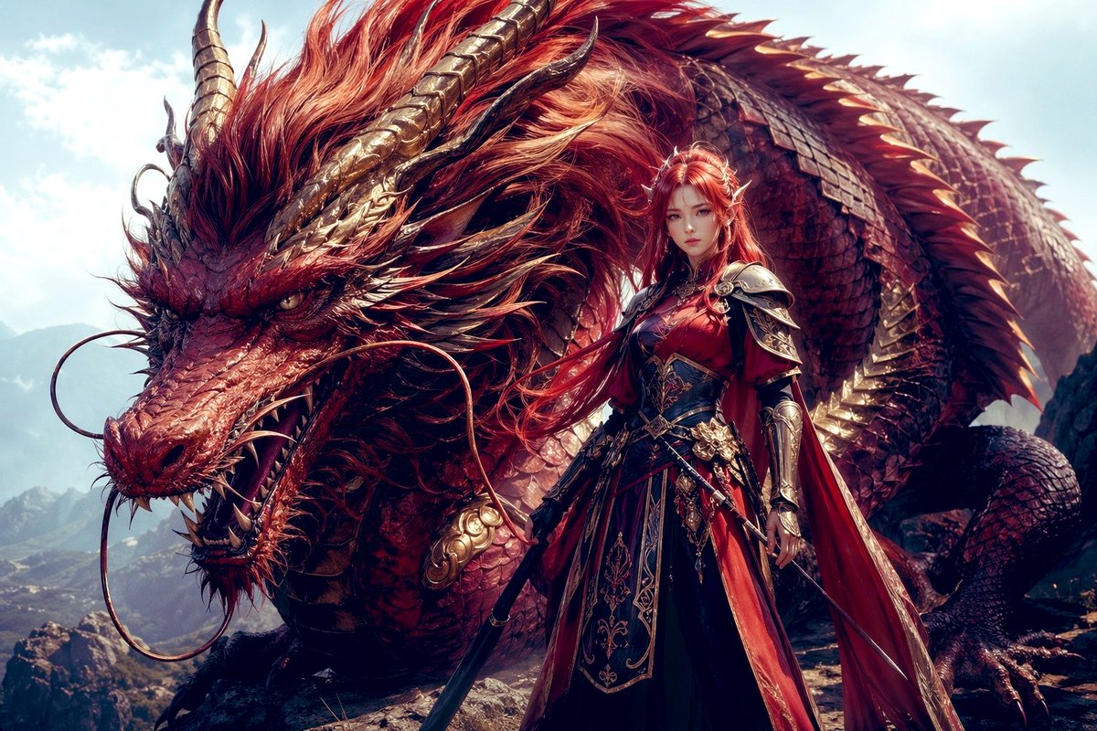Epic Red Dragon and Dragon Knight Queen — Sora Prompt