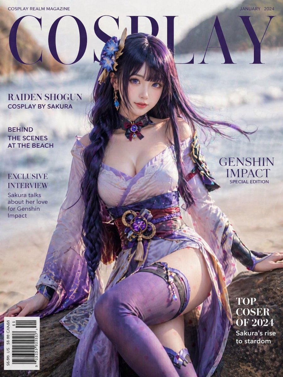 Raiden Shogun Beach Cosplay Magazine Cover — Sora 2 Prompt