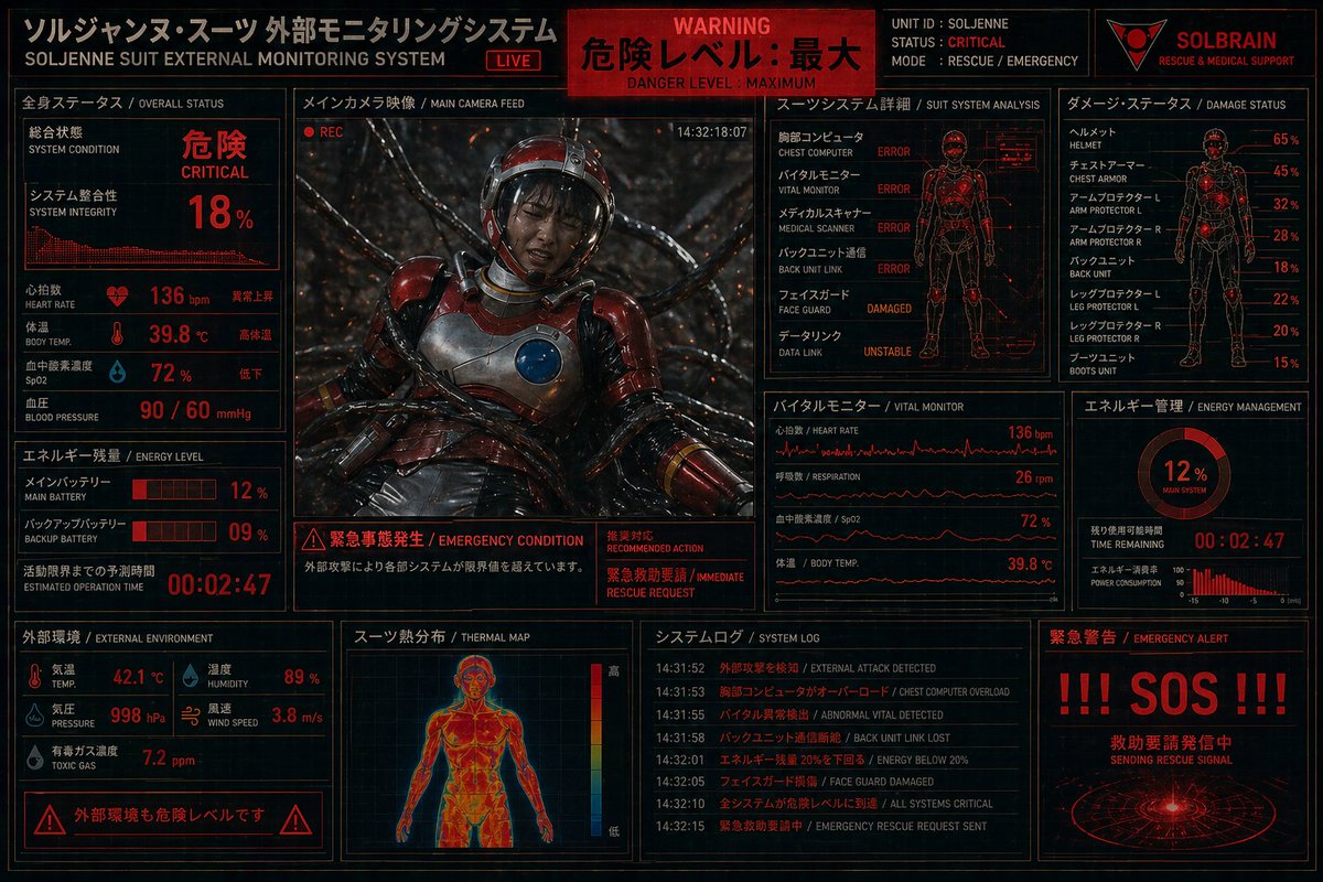 Cyberpunk Rescue Suit HUD — Emergency Telemetry Prompt