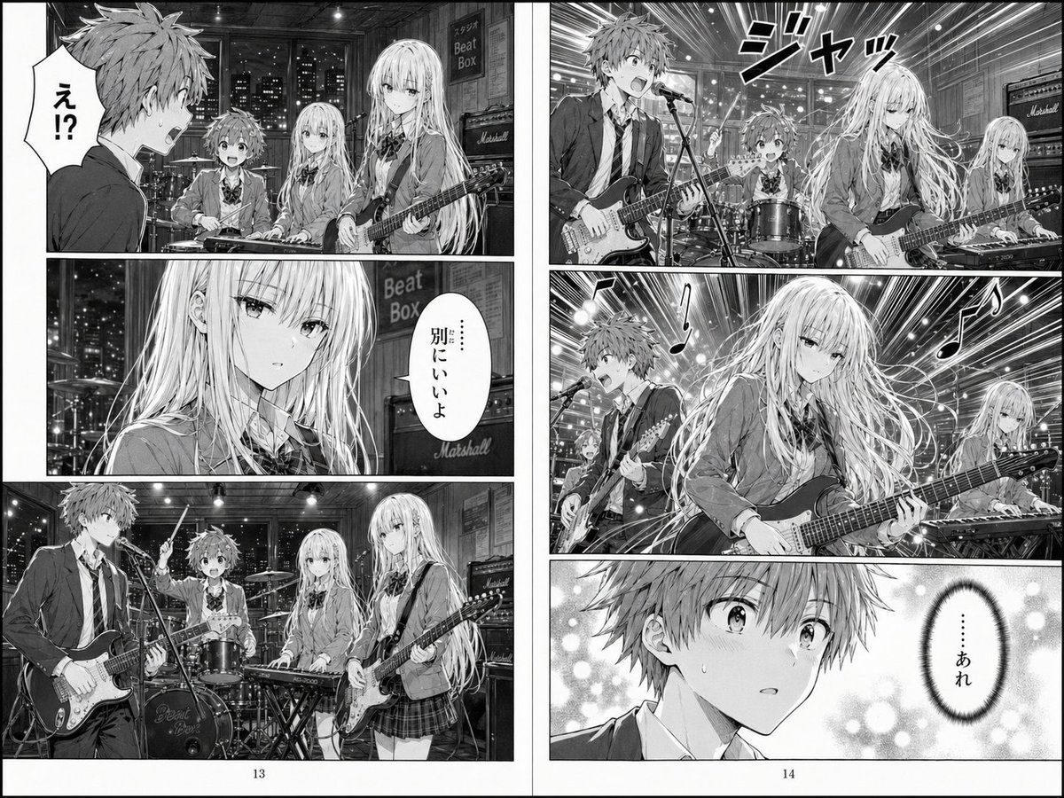 Black & White Manga Spread — High School Band Rehearsal Scene