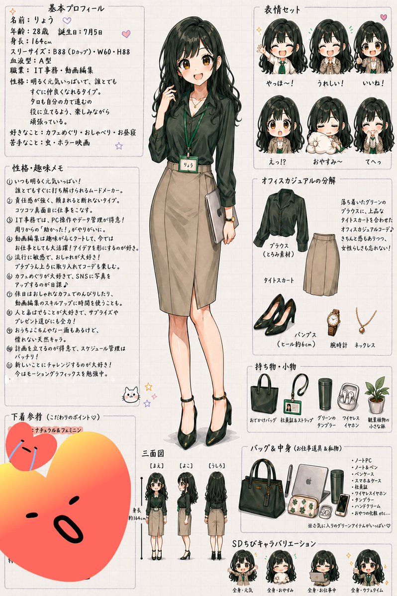 Japanese Office Lady Character Sheet — Anime Reference Design