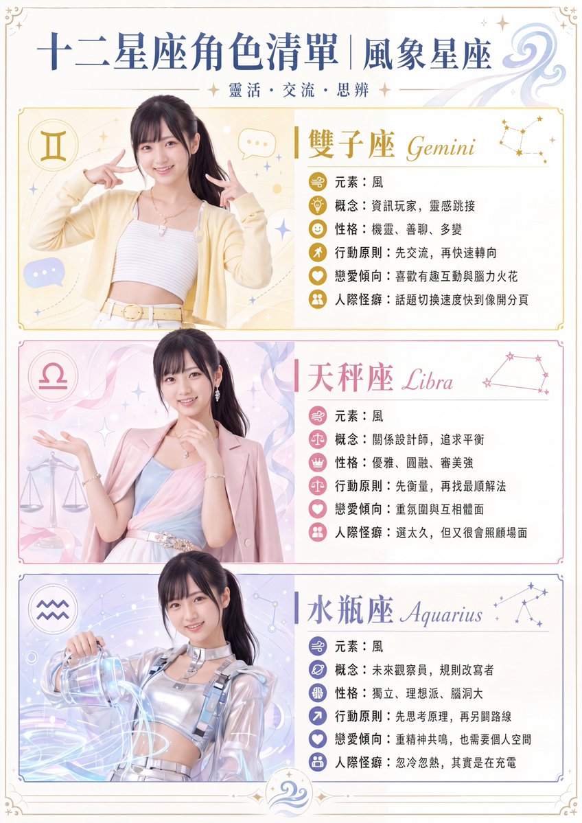 Air Sign Zodiac Character Poster — Gemini, Libra & Aquarius Infographic