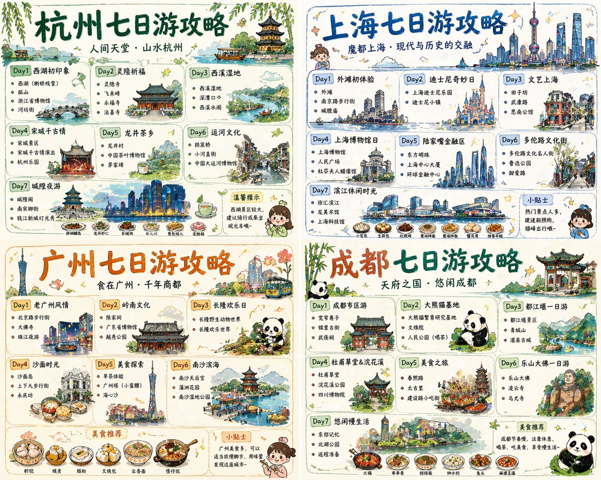 Hand-Drawn China Travel Guide Prompt: 4-City Itinerary Poster Set