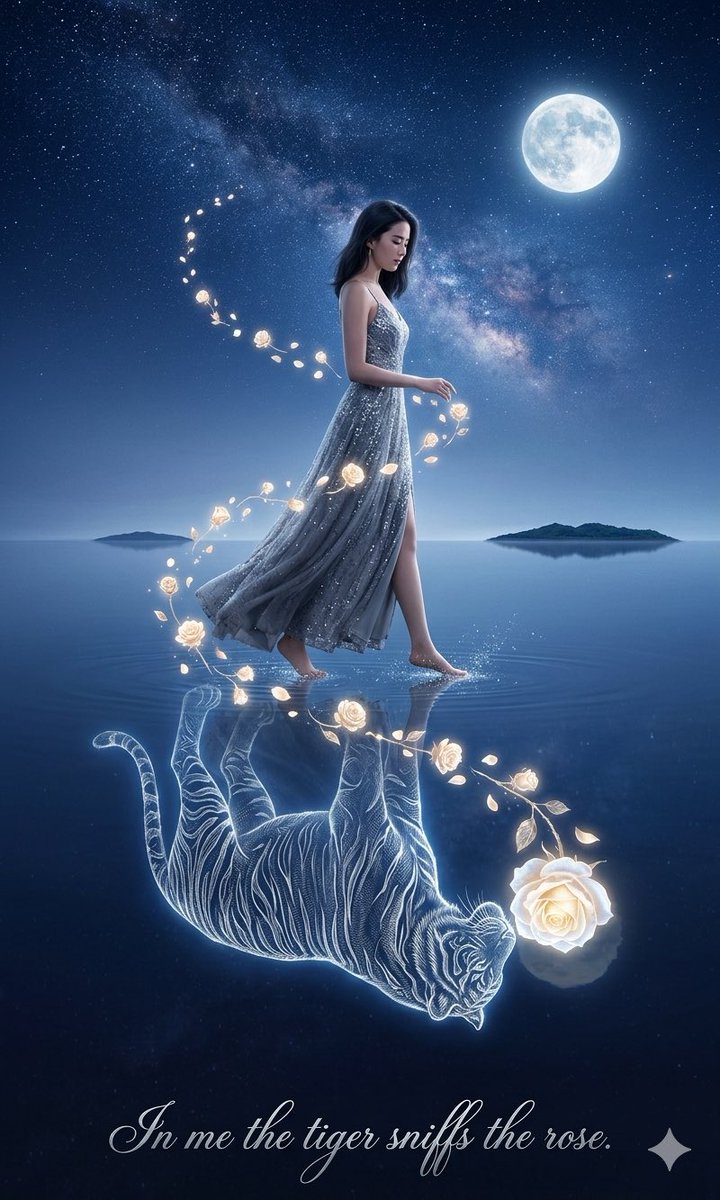 Moonlit Woman & Tiger Reflection — AI Art Prompt