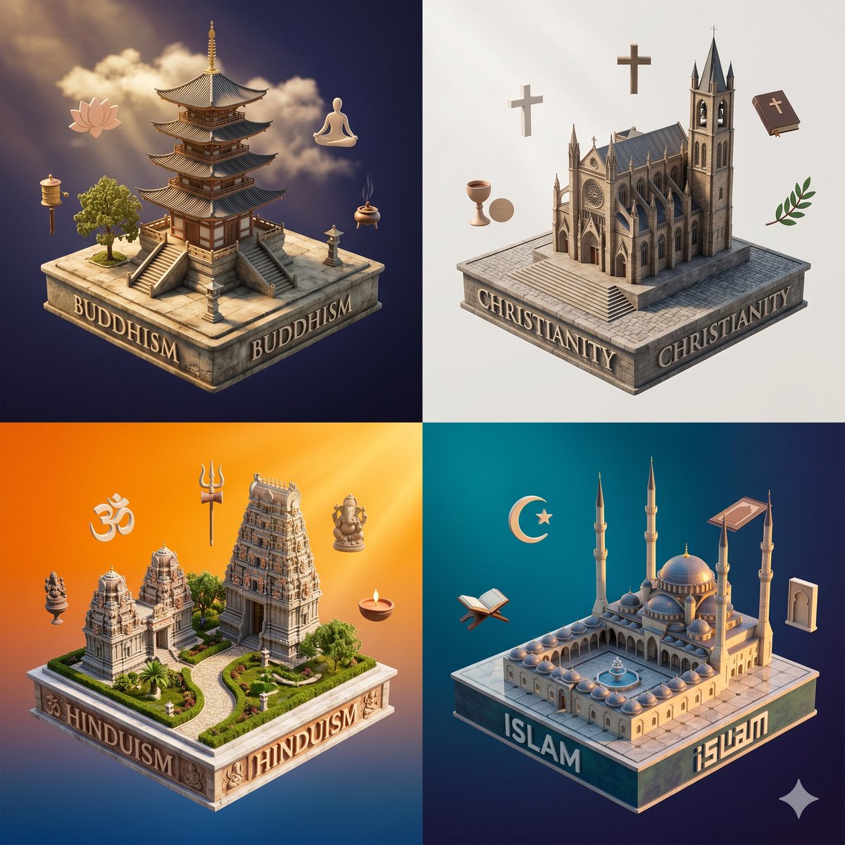 Isometric Religious Comparison Diorama — Sora 2 Prompt