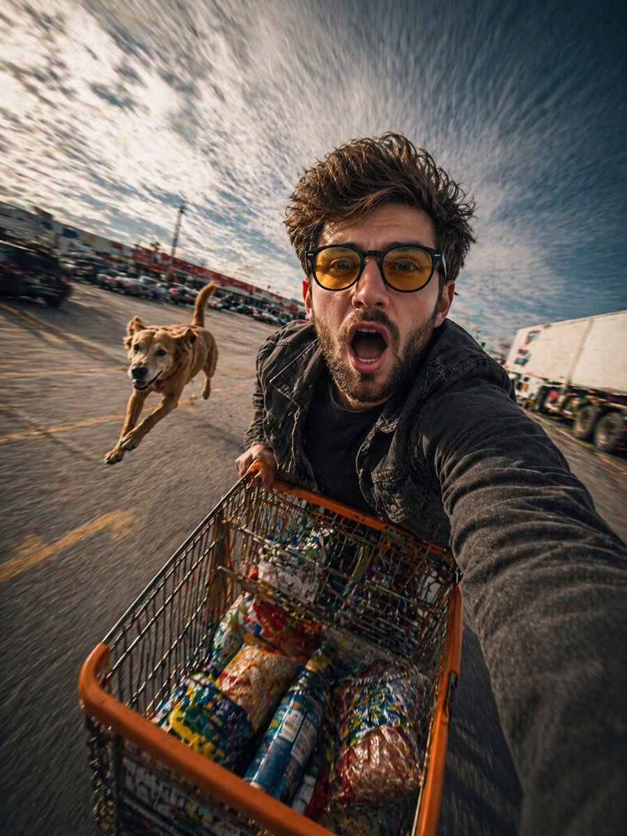 Dynamic Wide-Angle Cart Selfie — Sora 2 Prompt