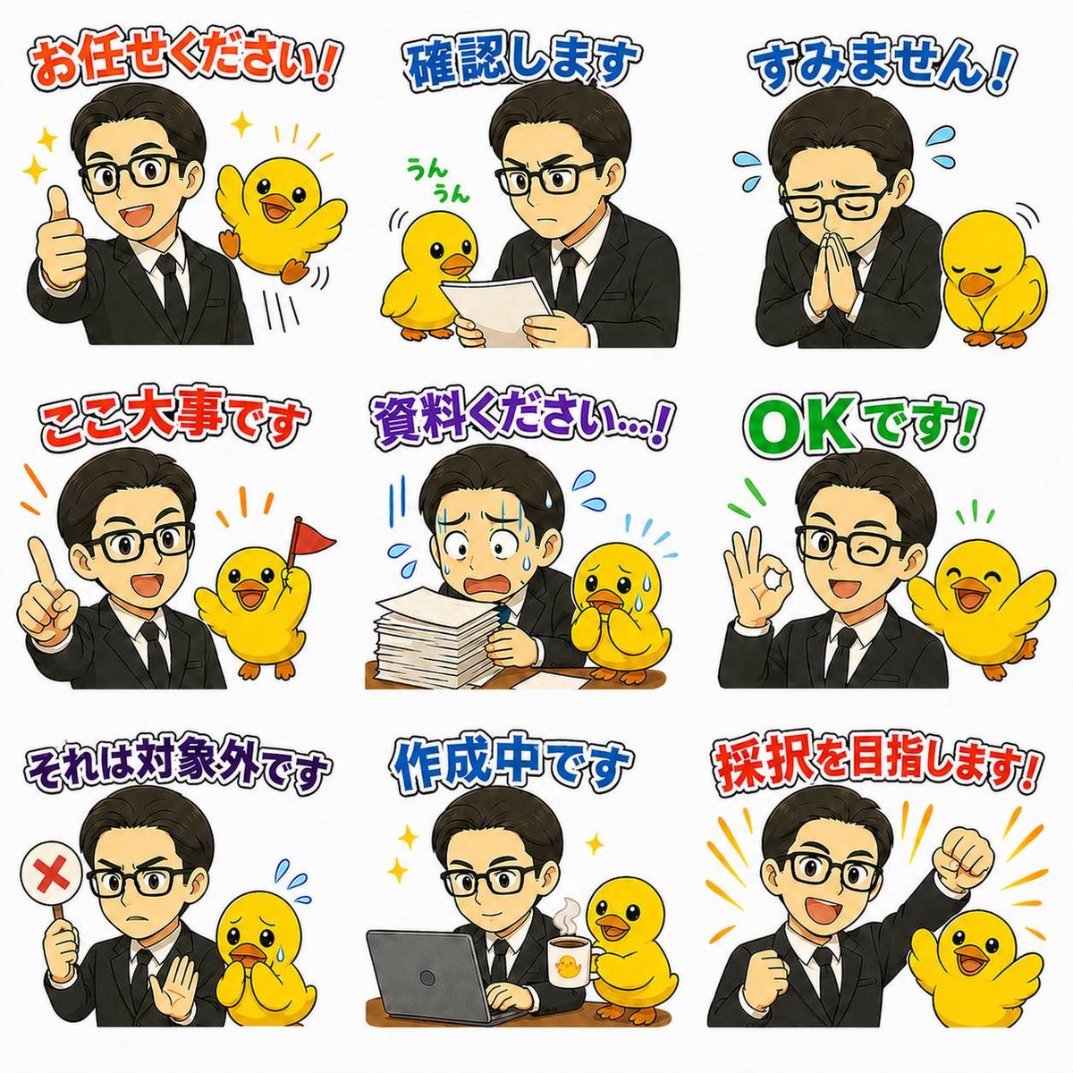 Japanese Office Sticker Sheet — Cute LINE Sticker Grid Prompt