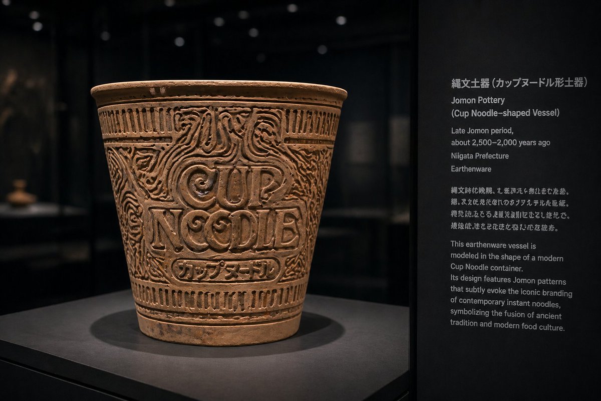 Jomon Pottery Cup Noodle Museum Exhibit - Sora 2 Prompt