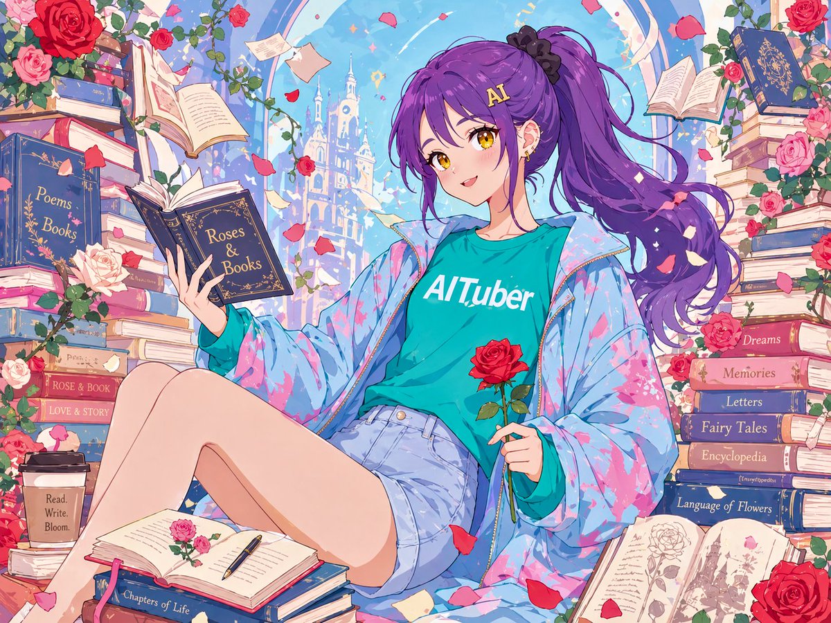 Anime Rose & Book Library Prompt — Customizable Illustration