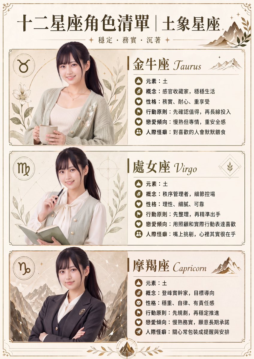 Vintage Zodiac Infographic: Taurus, Virgo, Capricorn Character Poster