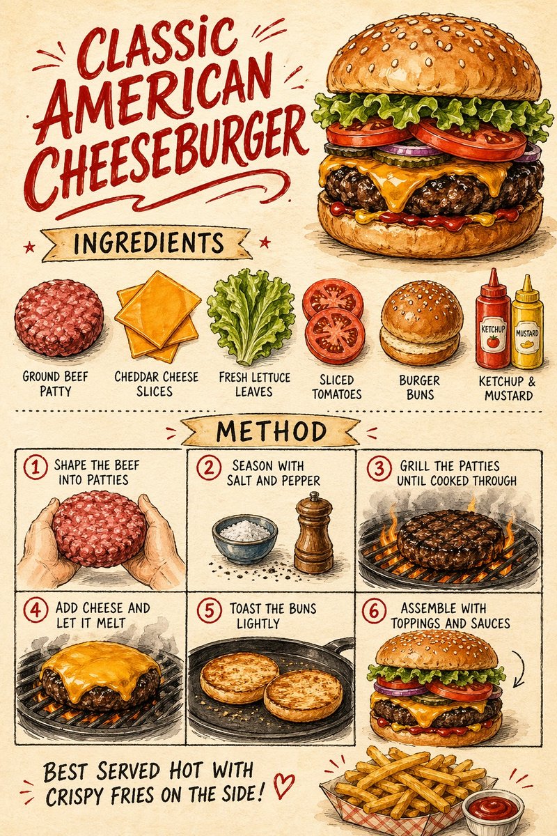 Vintage Cheeseburger Recipe Poster — Sora 2 Prompt