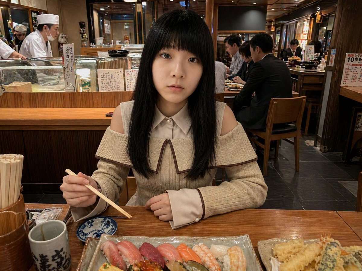 Realistic Sushi Bar Dinner Portrait — Sora 2 Prompt
