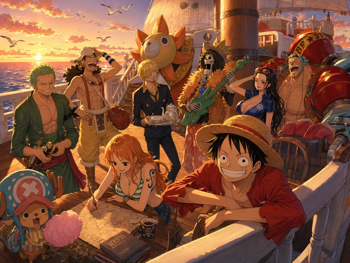 One Piece: Straw Hat Crew Sunset Relaxation — Sora 2 Prompt
