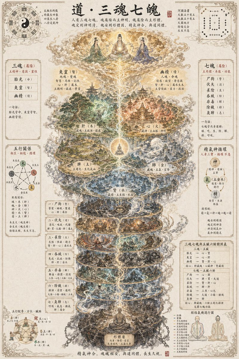 Daoist Three Souls & Seven Spirits — Vertical Metaphysical Poster Prompt