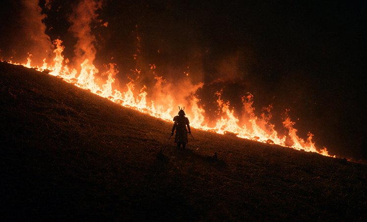 Lone Samurai Wildfire Night — Sora 2 Prompt