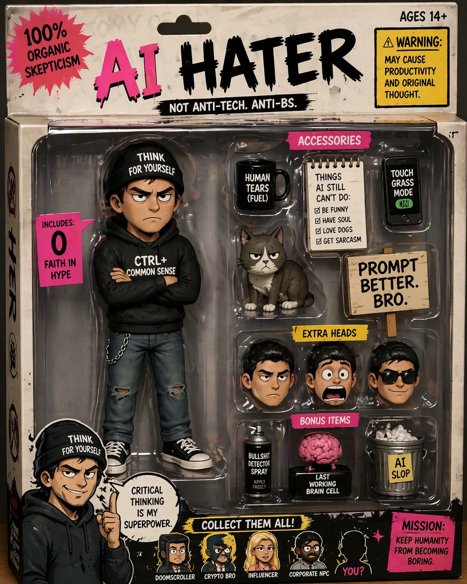 AI Hater Action Figure: Satirical Vintage Toy Packaging Prompt