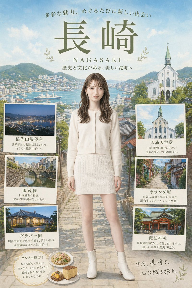 Nagasaki Travel Poster: Central Fashion Figure & Scenic Cards