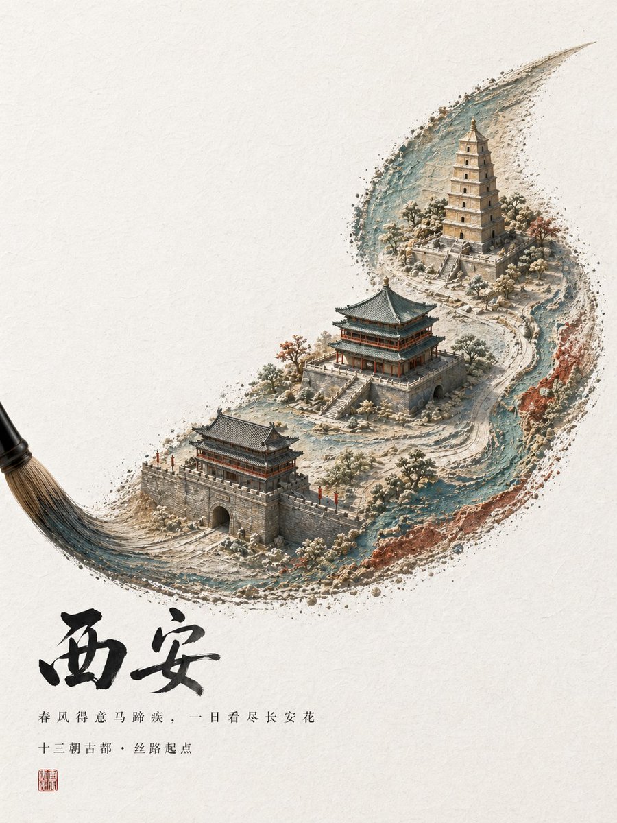 Chinese Ink Wash Xi'an City Poster — Sora 2 Prompt