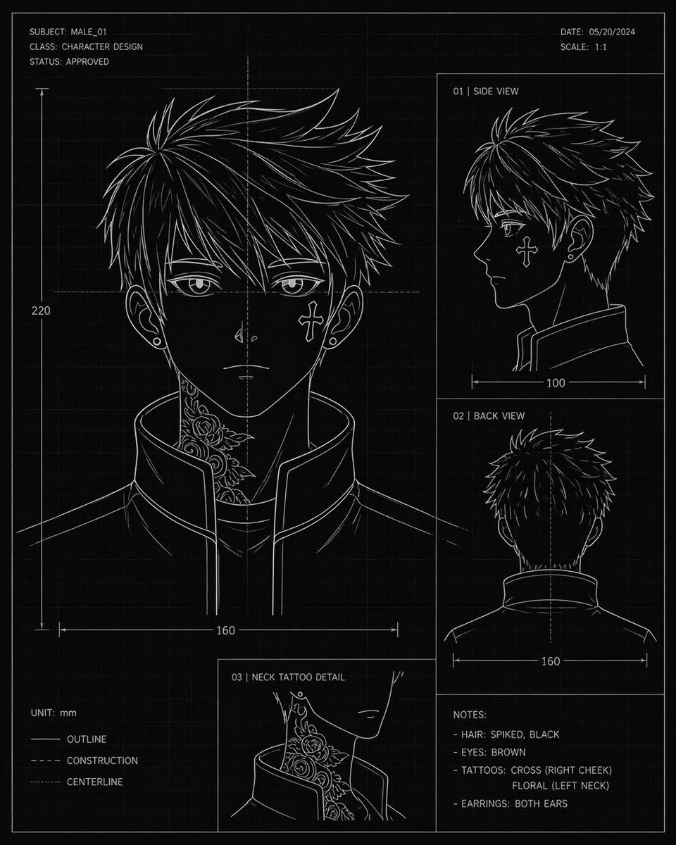 Technical Anime Blueprint: Male Head Turnaround — Sora 2 Prompt