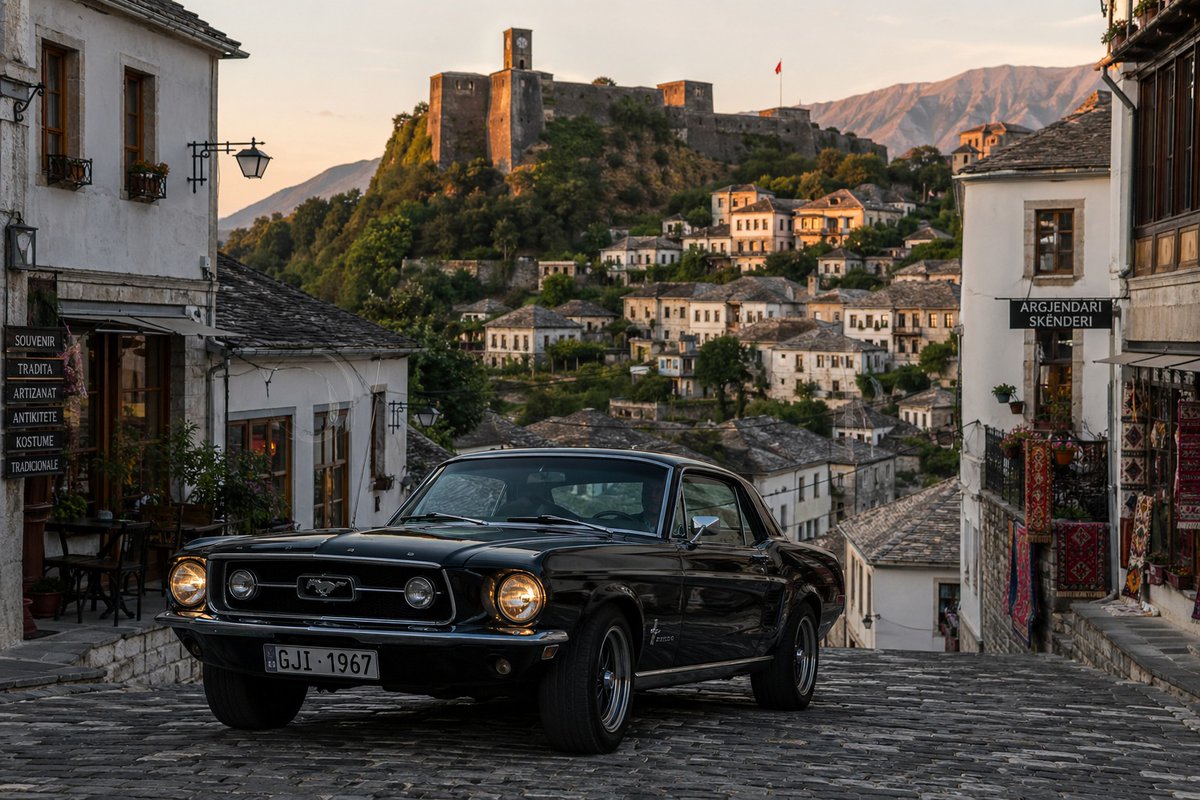 Mustang in Gjirokaster — Sora 2 Classic Car Prompt