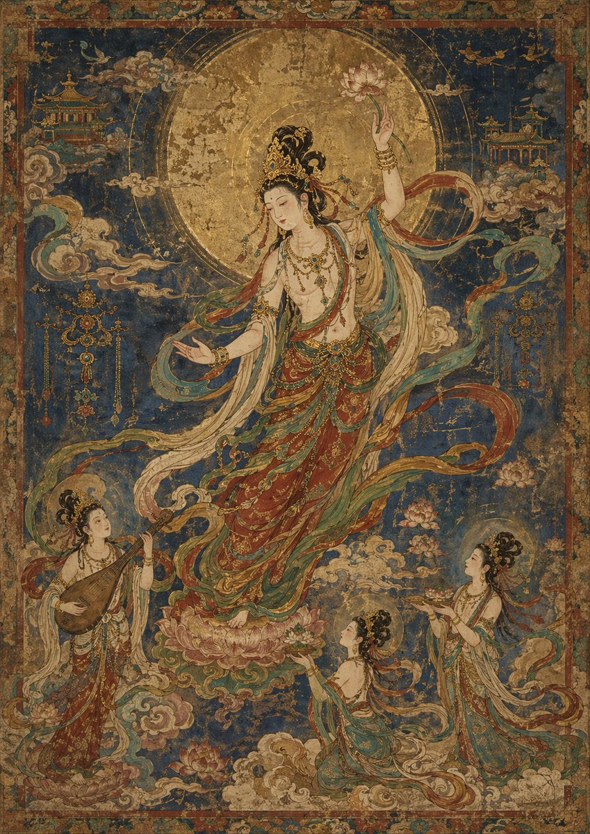 Ancient Celestial Mural: Bodhisattva & Attendants — Sora 2 Prompt