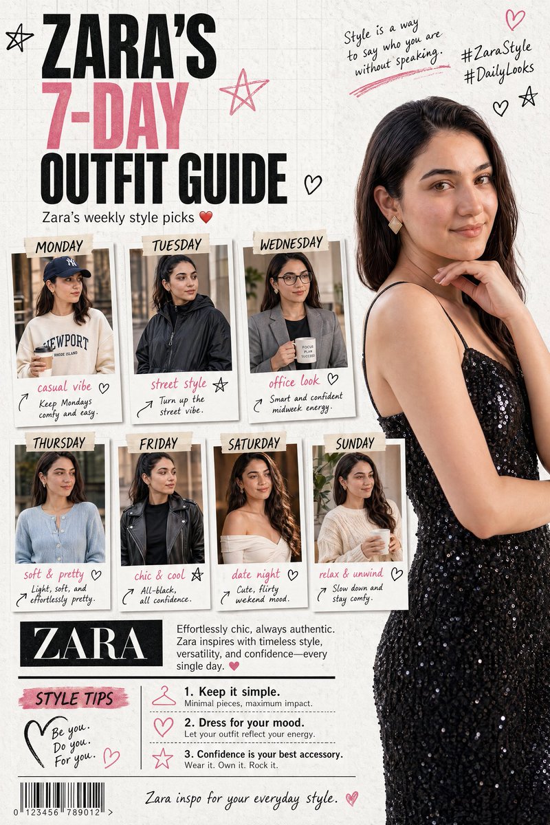 ZARA's 7-Day Outfit Guide Collage Prompt for Sora 2