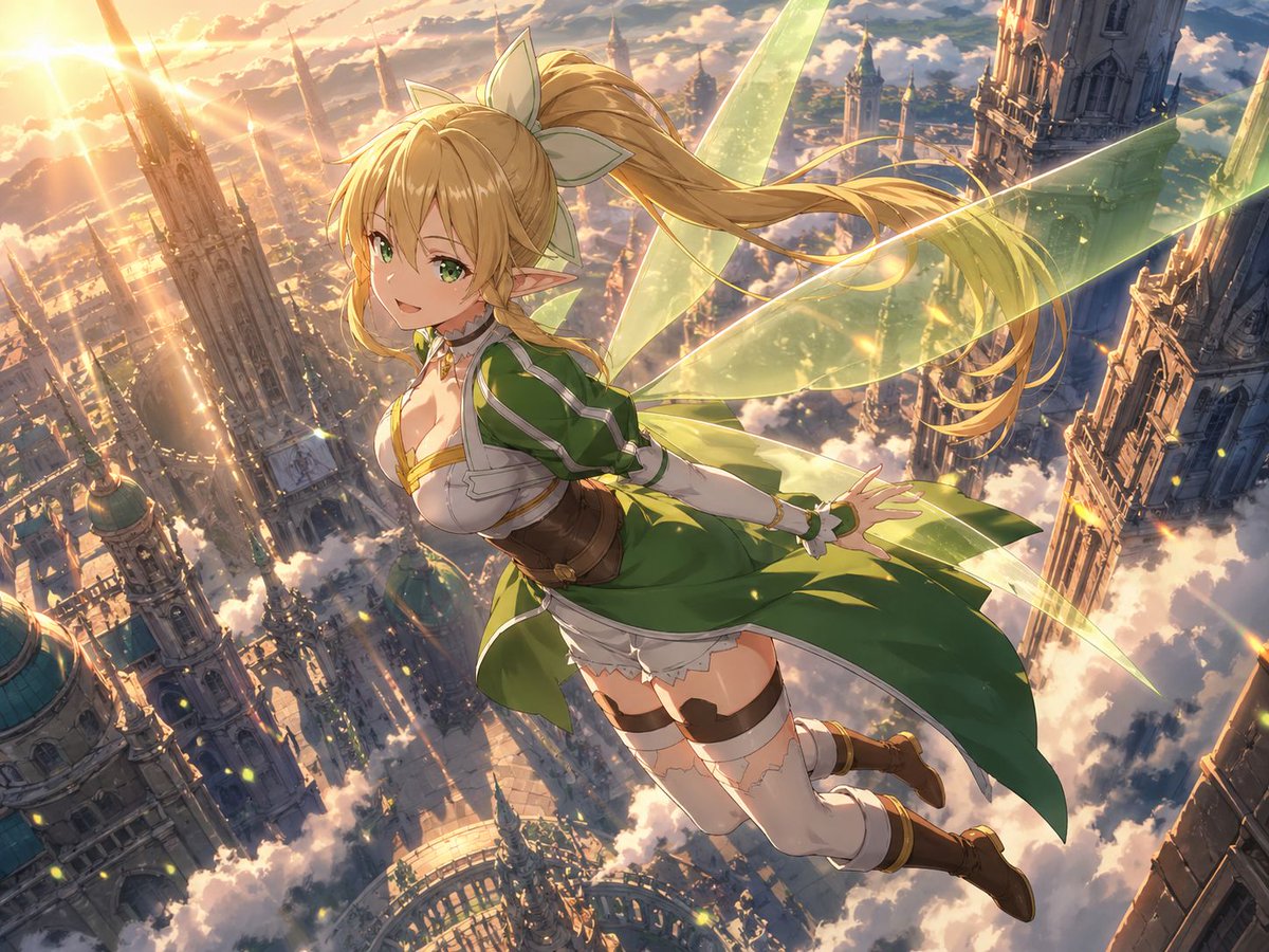 Fantasy Anime Elf Flying Over Golden Sky City — Sora 2 Prompt