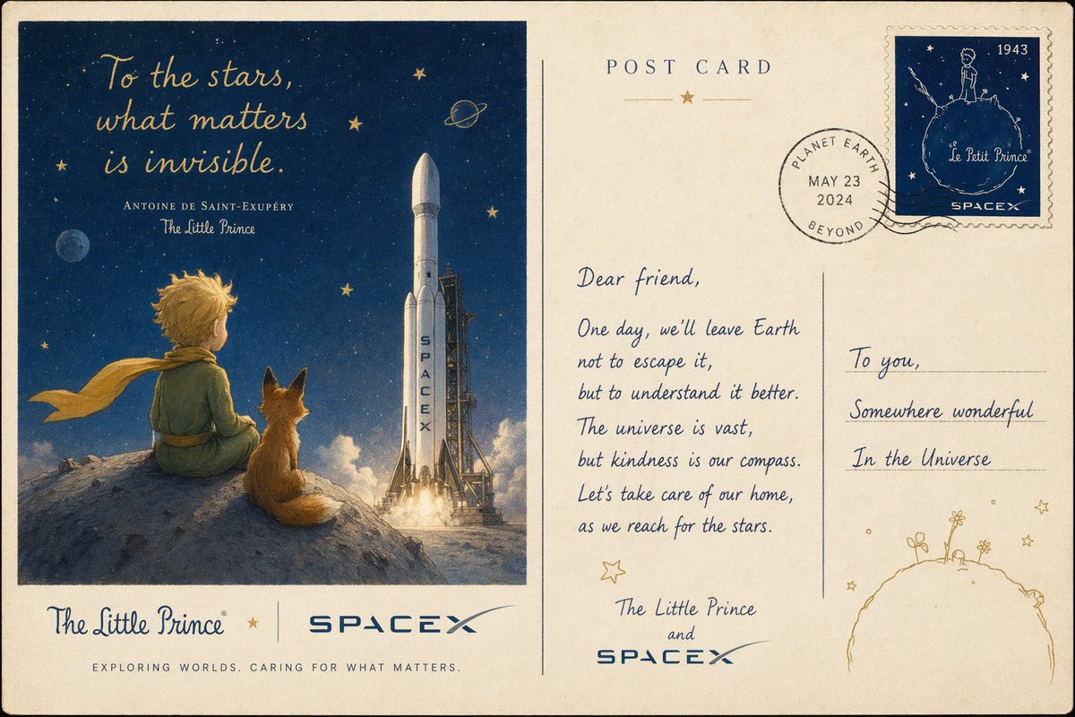 Little Prince & SpaceX Vintage Postcard — Sora 2 Prompt