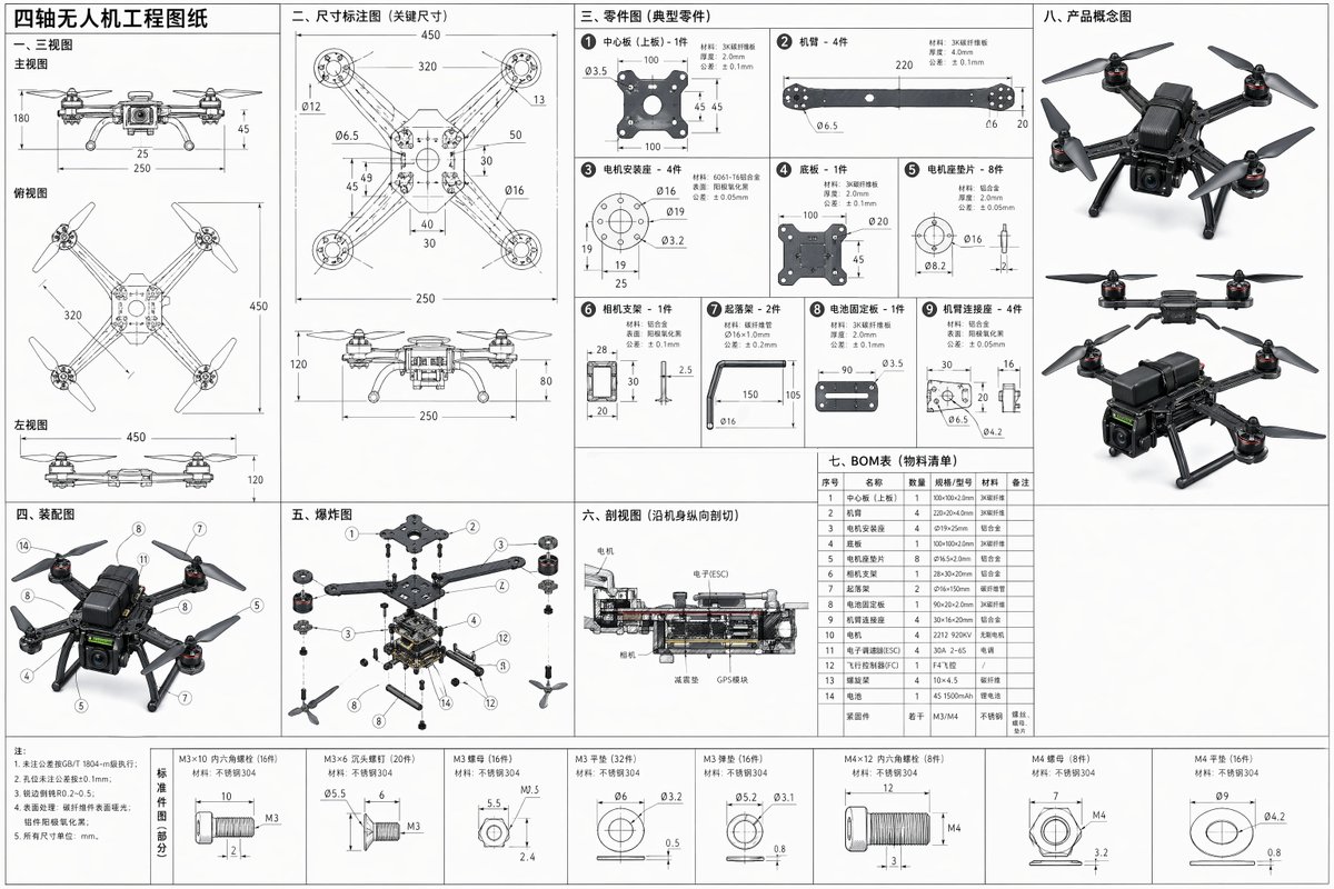 4-Axis Drone Blueprint Generator — Full Engineering Pack