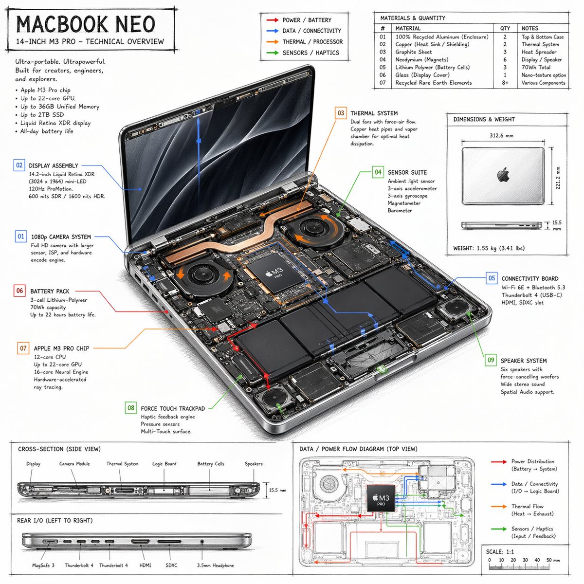 MacBook Neo Technical Exploded View — Sora 2 Prompt