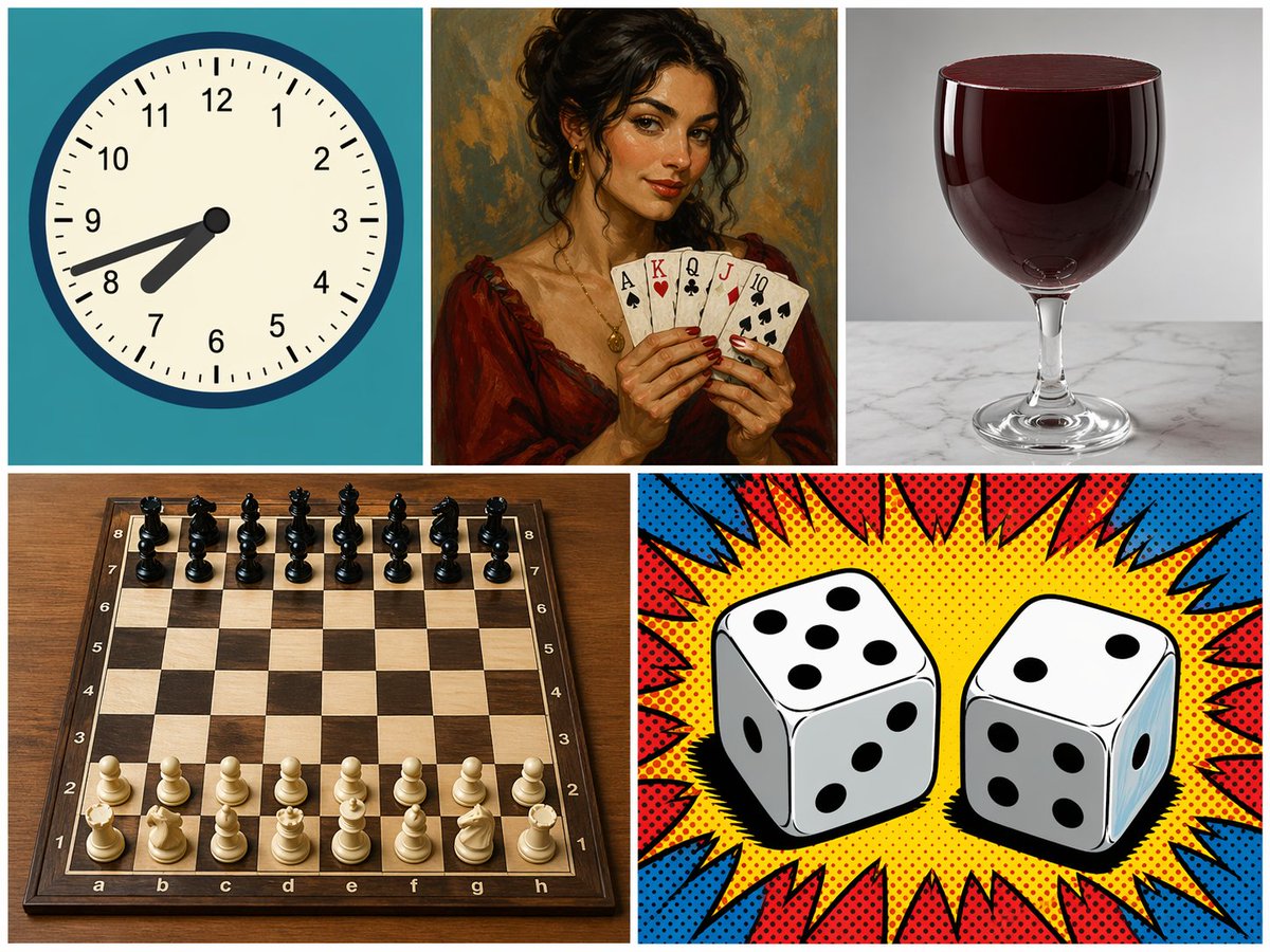 5-Panel Mixed-Style Collage — Clock, Cards, Glass, Chess & Dice