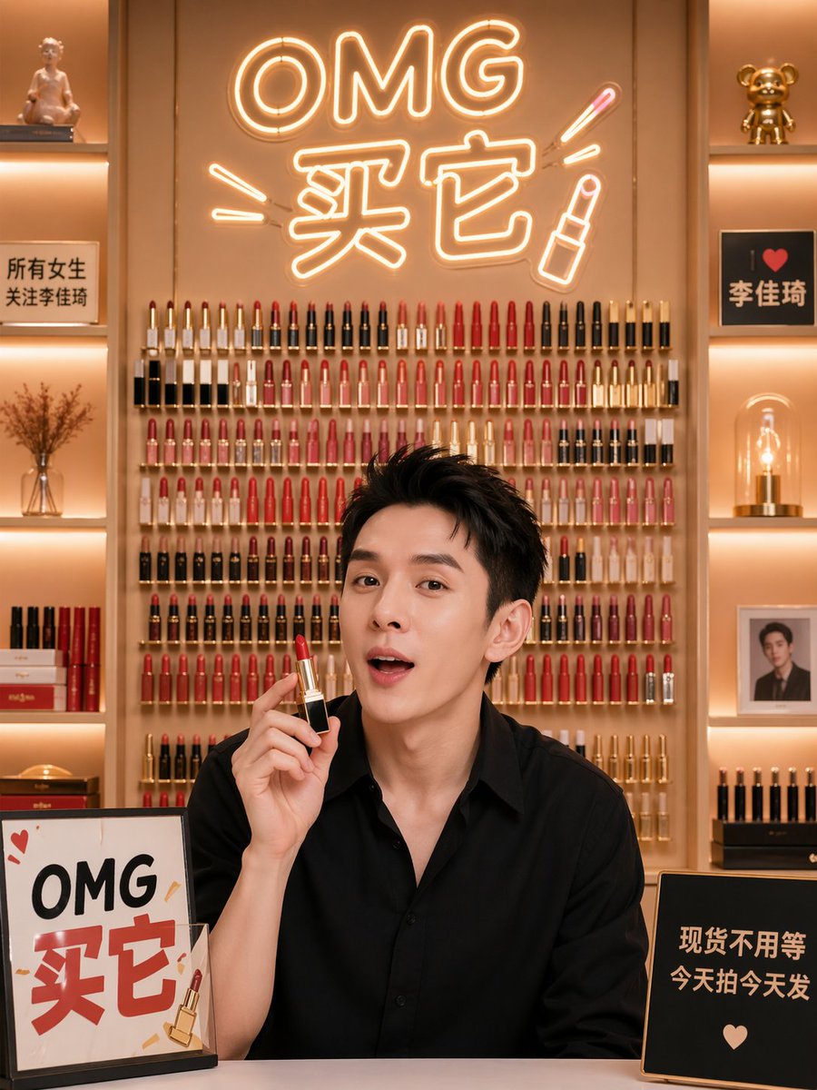 E-commerce Livestream Background — Lipstick Wall & Warm Lights